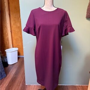 Elegant Plum Midi Dress with Ruffle Sleeves